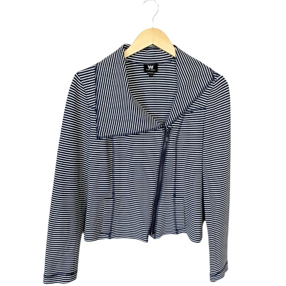 WORTH Jersey Moto Jacket Striped Blue White Asymmetrical Zip Collar Pocket 6 EUC - Picture 8 of 9